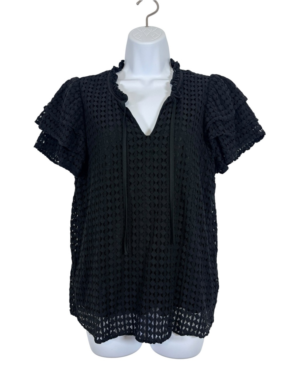 Stella & Ginger Black Eyelet Lace Flutter Sleeve Tassel Tie Blouse XL
